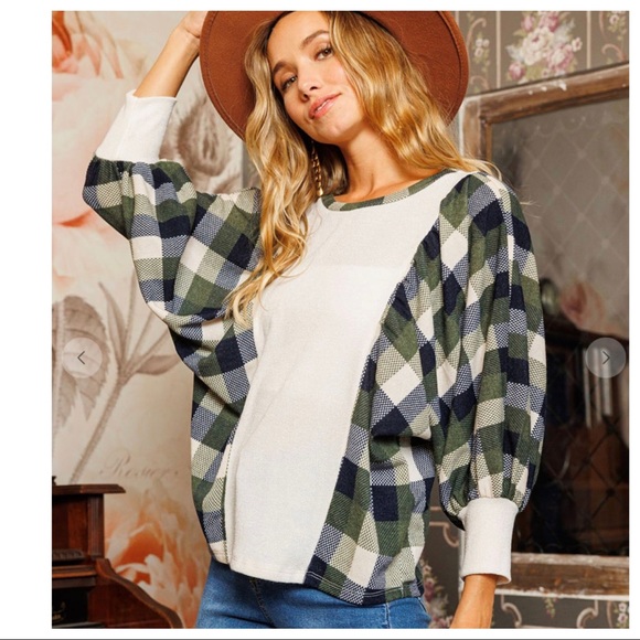 Boho Check Pattern Color Block Balloon Sleeve Top - Picture 4 of 5